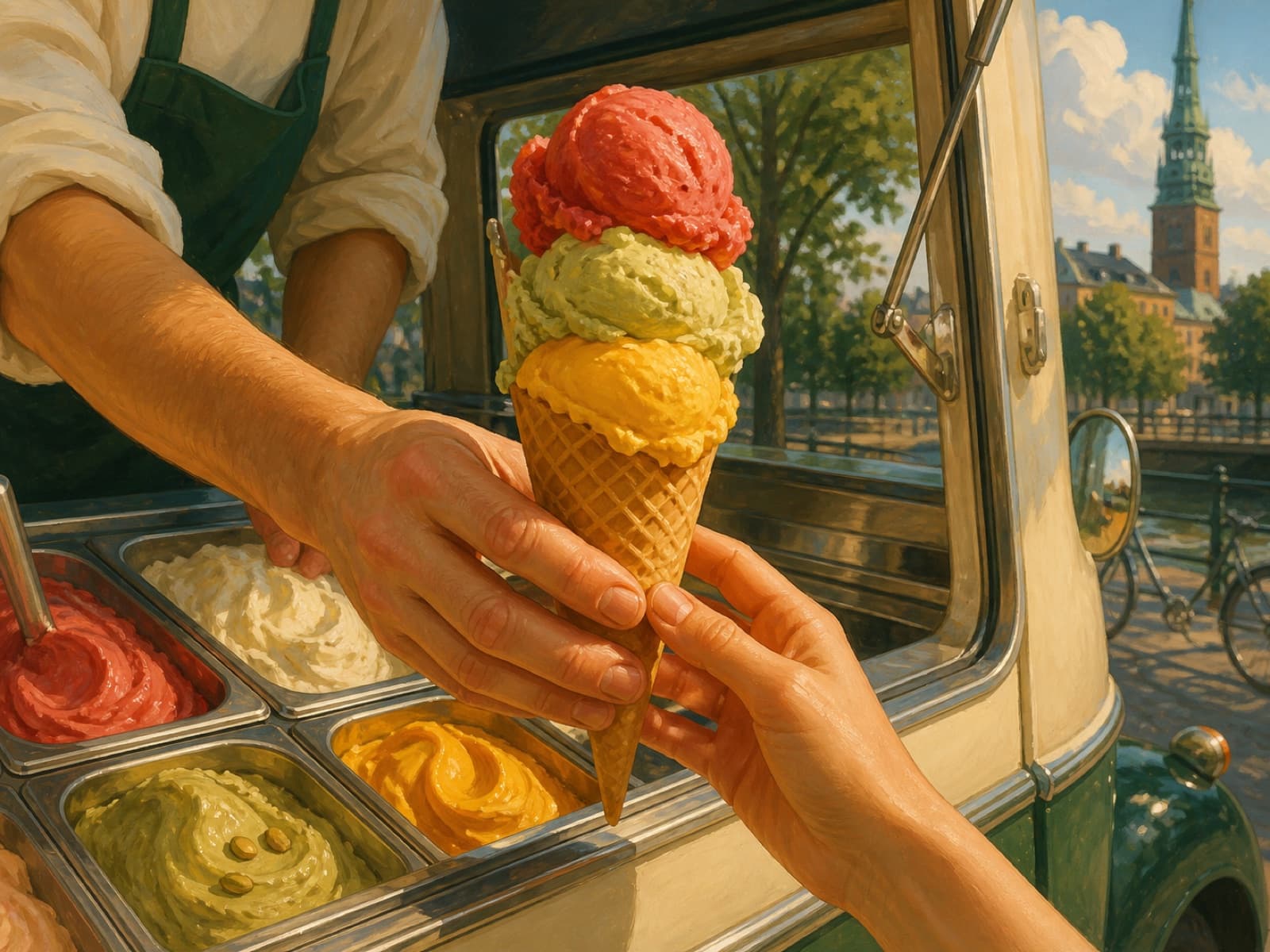 Buntes Eis wird aus dem Eiswagen gereicht